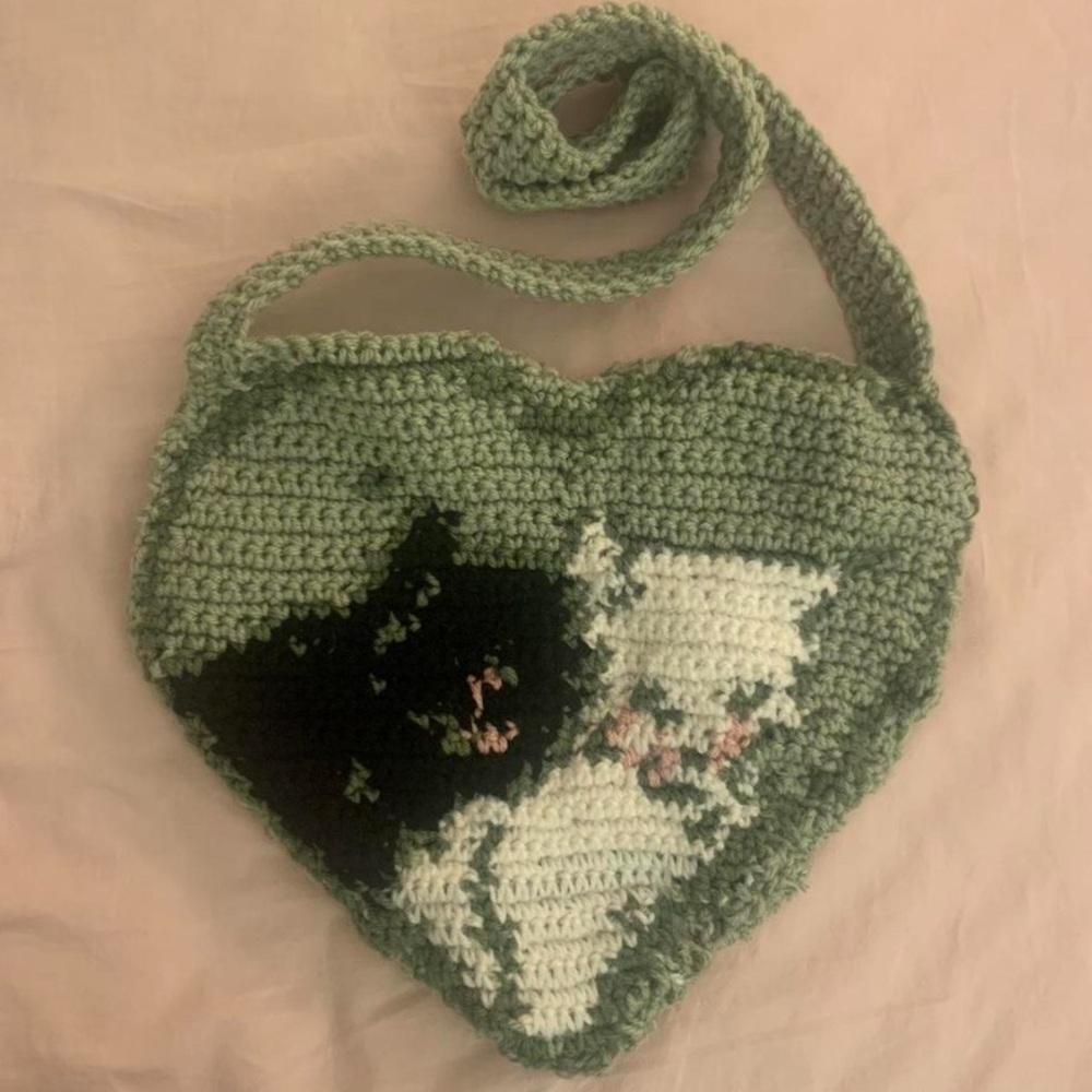 green cat crochet heart tote bag